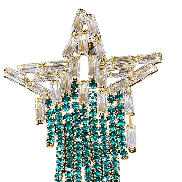 Crystal Starburst Dangle Earrings Green Rhinestones Fringe Design - Picture 3 of 9